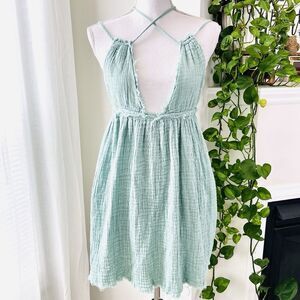 Pacific Republic Sea Foam Blue Green Cotton Crinkle Gauze Plunge Dress - Size Sm